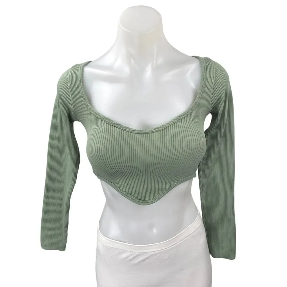 Zara Women's Green Rib Knit Long Sleeve Sweetheart Neck Crop Sweater Top XS/S